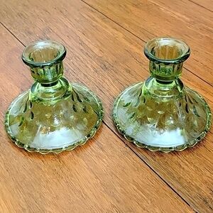 Vintage, 1968 Hazel Atlas Eldorado Green Glass Candlestick Holders (Set of 2)